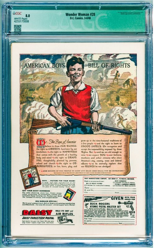 Wonder Woman #28 (1948) CGC Qualified 8.0! White Pages! Page 7 missing