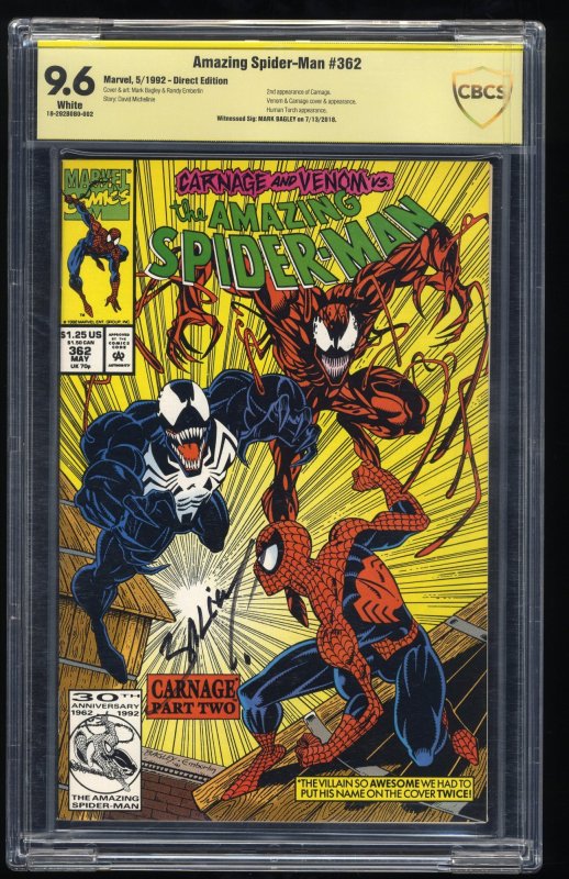 Amazing Spider-Man #362 CBCS NM+ 9.6 Verified Signed by Mark Bagley