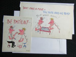 GET WELL SOON Cartoon Doctor Playing Chess 2pcs 14.5x9 Greeting Card Art #C1662