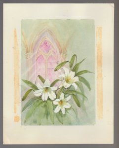 EASTER Pink Church Window w/ White Orchids 7.5x9.5 Greeting Card Art #E2720