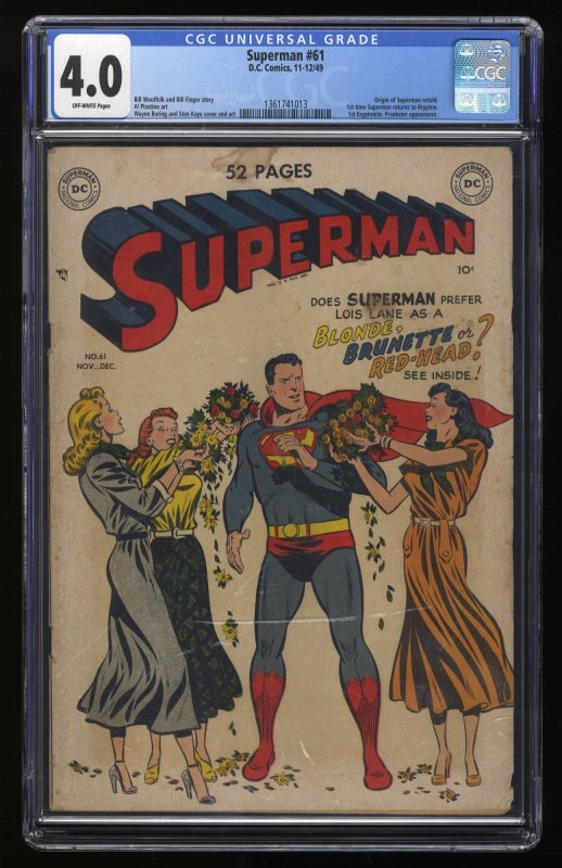 Superman #61 CGC VG 4.0 Off White 1st Appearance Kryptonite!