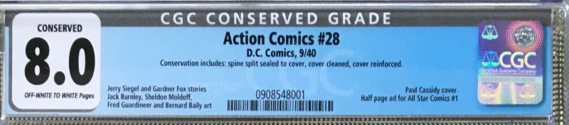 Action Comics #28 (1940) CGC 8.0 -- O/W to White pgs Jerry Seigel - Conserved