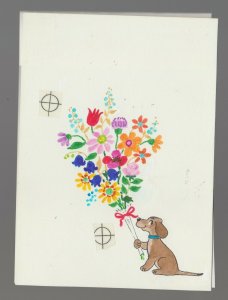 VALENTINE Cute Cartoon Dog w/ Giant Bouquet 4x5.25 Greeting Card Art #V3232