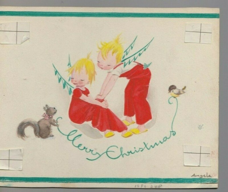 2 ANGEL CHILDREN w/ Squirrel 7.5x6 #248 Christmas Greeting Card Art