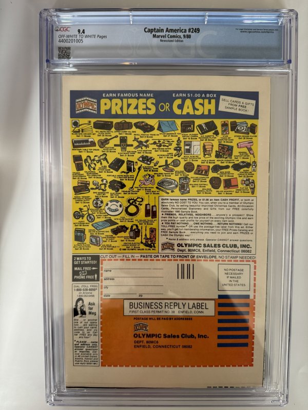 Captain America #249 CGC 9.4 Newsstand  Dragon Man appearance! (1980)