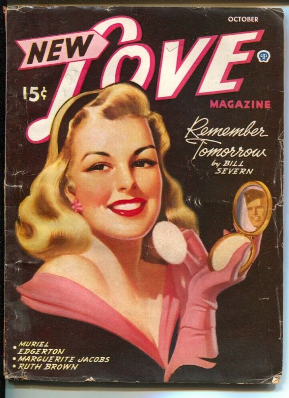 New Love 10/1945-pin-up girl cover-black background-Ruth Brown-Muriel Edgerto...