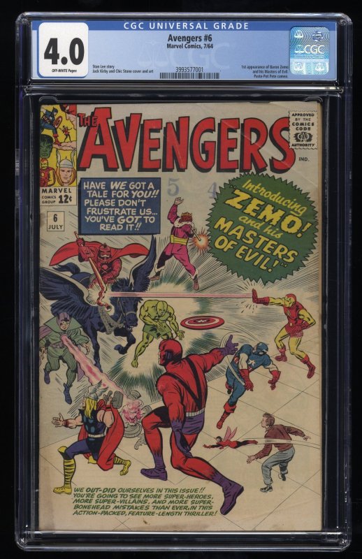 Avengers #6 CGC VG 4.0 1st Appearance of Baron Zemo! Black Knight! Jack Kirby!