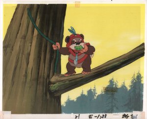 Star Wars: Ewoks Animation Cell Over Xeroxed Background - Paploo Blows Whistle