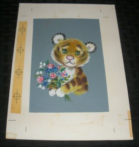 VALENTINES Cute Lion Cub w/ Flowers 6x8 Greeting Card Art #6514