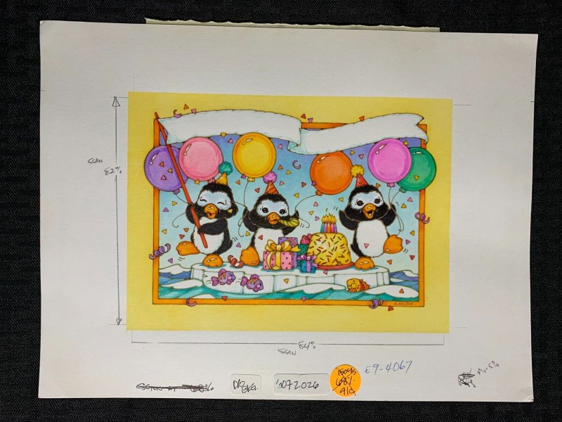 BIRTHDAY Cute Penguin Party with Cake & Balloons 12x9 Greeting Card Art #4067