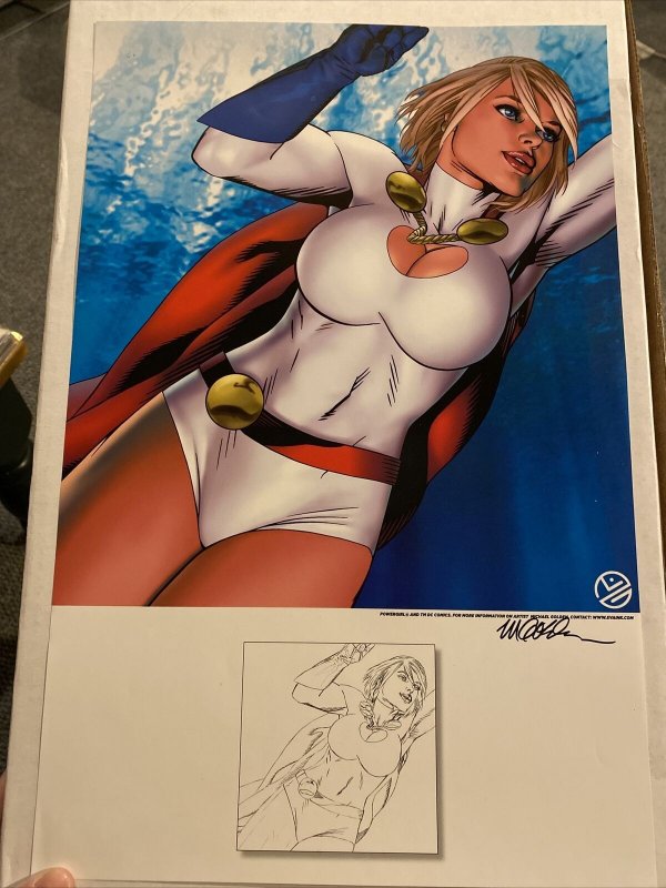 POWERGIRL 11”x17” PRINT BY MICHAEL GOLDEN SIGNED COLOR AND B&W VERSIONS ON 1