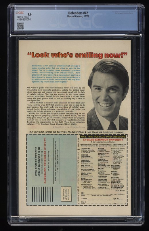 Defenders #42 CGC NM+ 9.6 White Pages