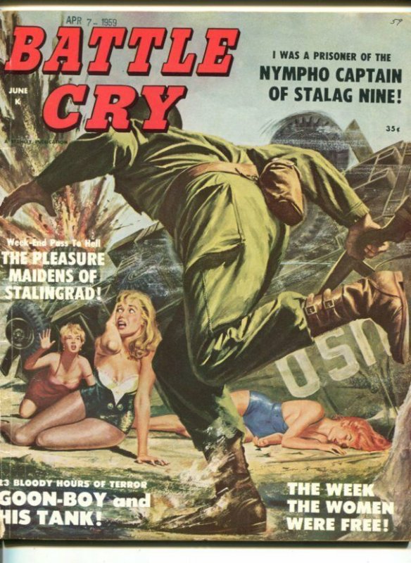 BATTLE CRY- JUNE 1959-STANLEY PUBS-SPICY BABE COVER-PARATROOPERS-NAZI WOMEN-vg