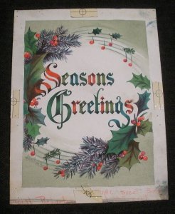 SEASONS GREETINGS Lettering w/ Holly Berry Music Notes 6x8 Greeting Card Art #5G