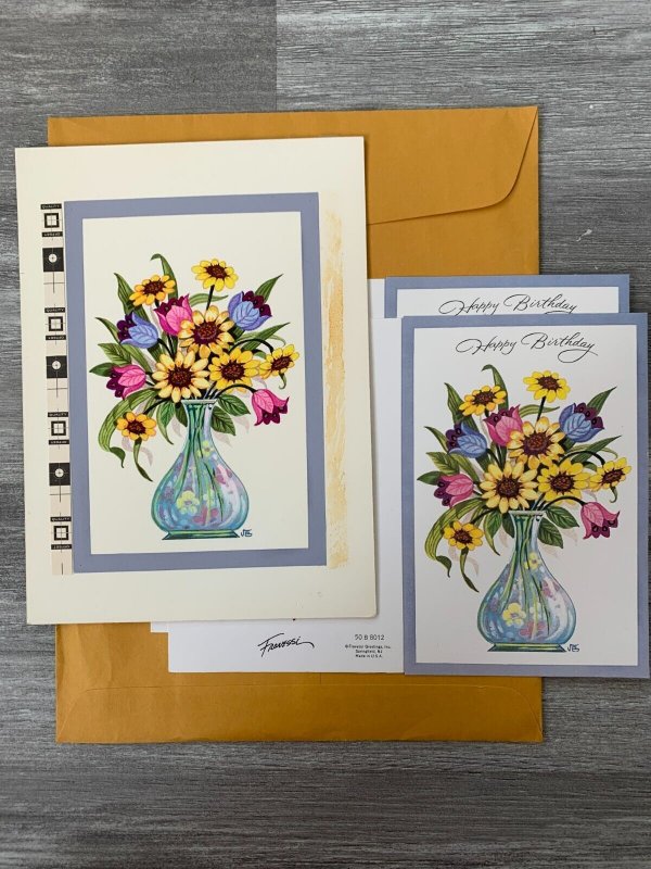 BIRTHDAY Yellow Flowers in Glass Vase 6x8.5 Greeting Card Art B8012 w/ 2 Cards