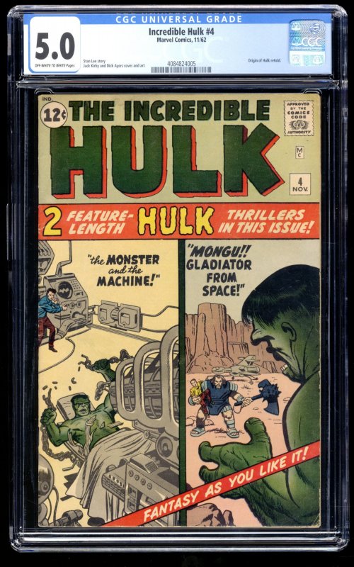 Incredible Hulk #4 CGC VG/FN 5.0 Off White to White Origin Retold!