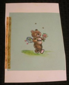 VALENTINE Cute Teddy Bear w/ Tennis Racket Flowers 6x9 Greeting Card Art #8136