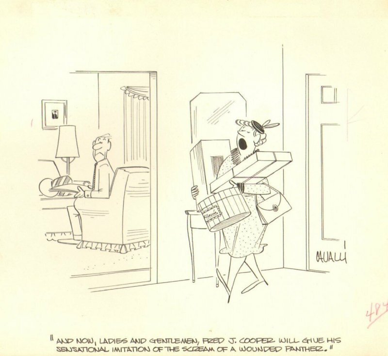 Shop-a-holic Wife / Angry Husband Gag - 1955 art by Dick Cavalli