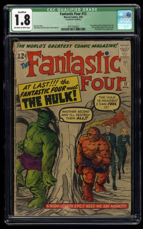 Fantastic Four #12 CGC GD- 1.8 Qualified  1st Hulk vs Thing Battle!