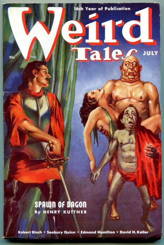 Weird Tales Pulp July 1938- Virgil Finlay horror cover- Spawn of Dagon VF-