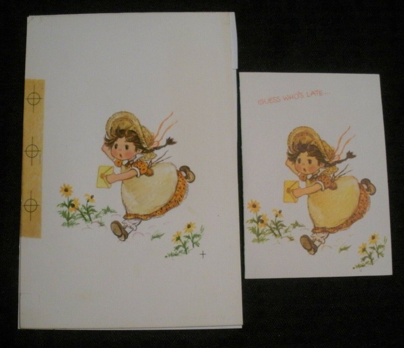 GUESS WHO'S LATE Cute Girl Running w/ Letter 5.5x8 Greeting Card Art #B154