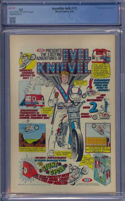 INCREDIBLE HULK #172 CGC 8.5 JUGGERNAUT VS HULK X-MEN HERB TRIMPE 