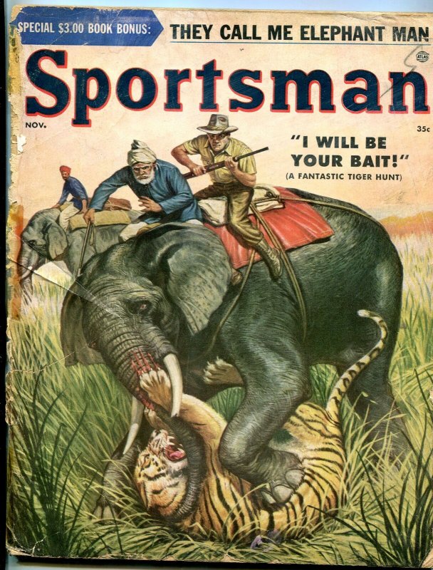 Sportsman November 1955-ELEPHANT & TIGER COVER-BELARSKI ART FR