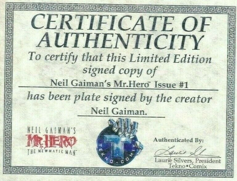 Mr. Hero - The Newmatic Man #1 VF plate signed by Neil Gaiman - limited w/COA
