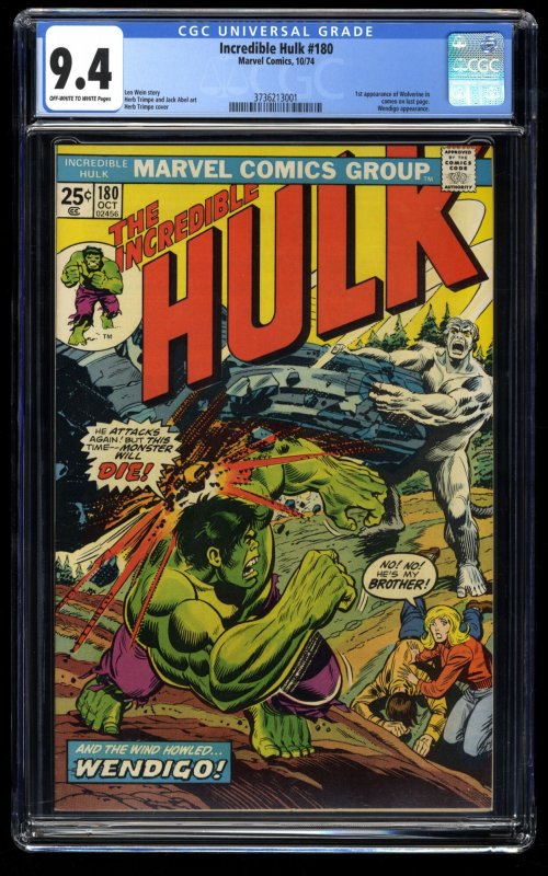 Incredible Hulk (1962) #180 CGC NM 9.4 Off White to White 1st Cameo Wolverine!