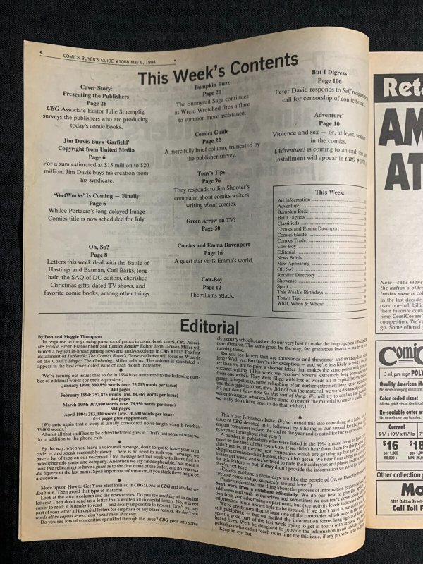 1994 COMICS BUYERS GUIDE Newspaper #1068 FN+ 6.5 Publishers Issue