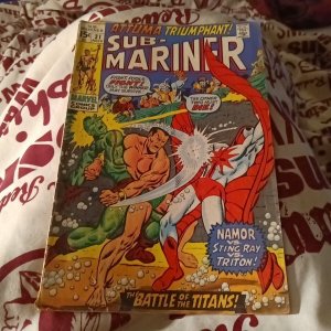 Sub-Mariner 31 Marvel Comics 1970 Bronze Age, Sal Buscema, Sting Ray Vs Triton!