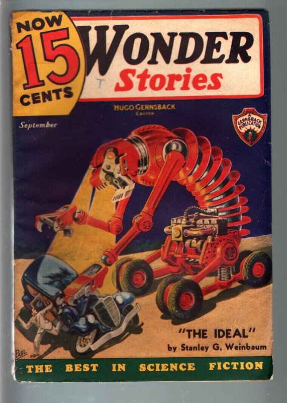 WONDER STORIES 1935 SEP-FRANK R PAUL-PULP-CAR EATER CVR FN