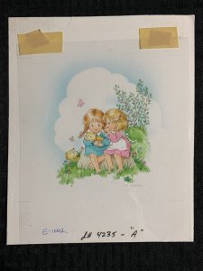 FRIENDS Two Cute Girls with Kittens 7x8.5 Greeting Card Art #1062