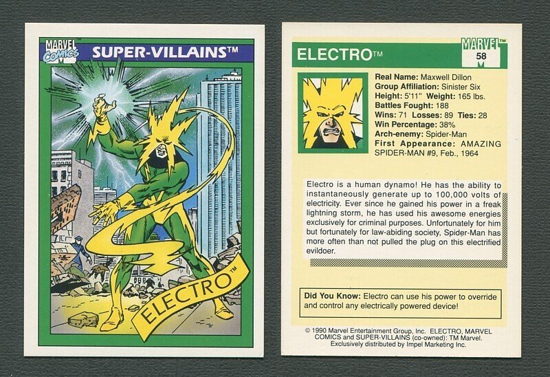 1990 Marvel Comics Card  #58  (Electro)  NM-MT