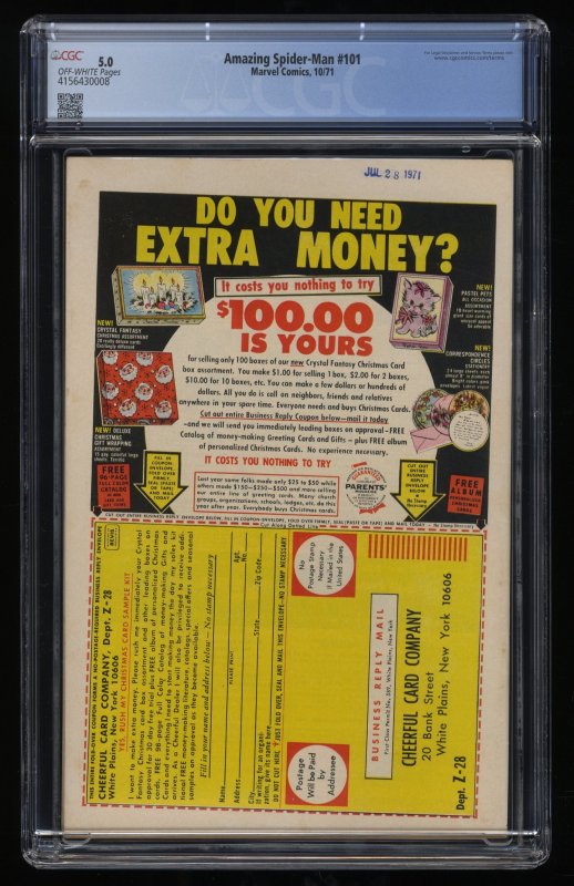 Amazing Spider-Man #101 CGC VG/FN 5.0 Off White 1st Appearance Morbius!