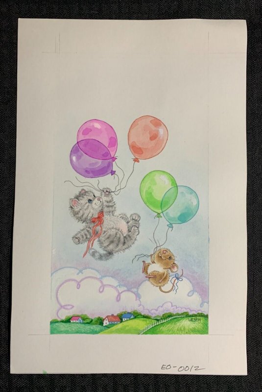 JOYFUL MOMENTS Cute Kitten and Mouse w/ Balloons 7x11 Greeting Card Art #0012