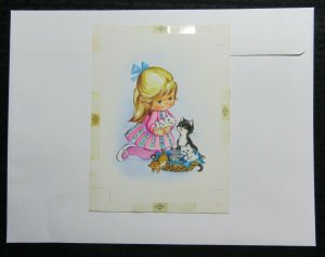 HAPPY BIRTHDAY Cute Blonde Girl w/ Cat & Kittens 6x8 Greeting Card Art #1976