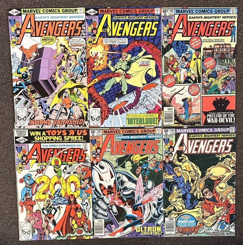 Avengers #193,194,197,200,202,203 1979 Marvel Comics Perez VF/Nm Newsstand Lot