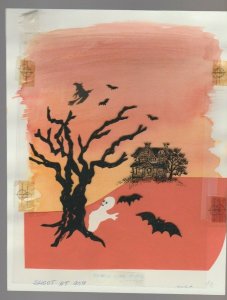 WITCH GHOST BATS & Haunted House 7x9 #7785 Halloween Greeting Card Art