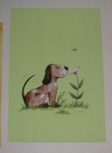 GET WELL SOON Dog Smelling Flower w Bee 7x11 Greeting Card Art #8430