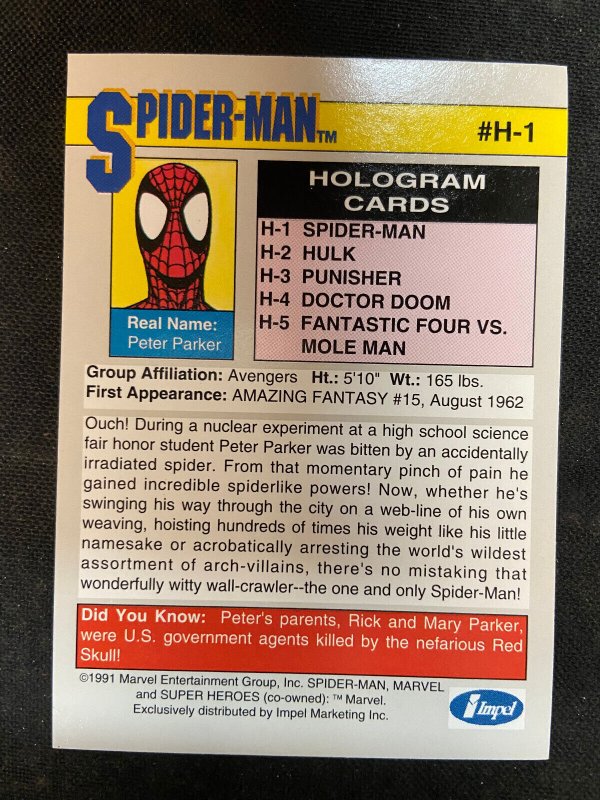 SPIDER-MAN HOLOGRAM CARD 1991 IMPEL EX-MT 6