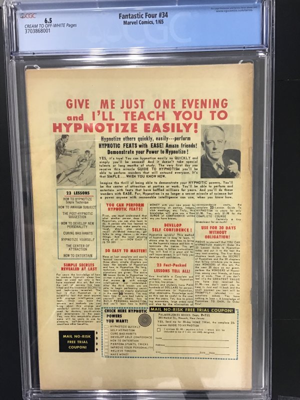 Fantastic Four #34 (1965) CGC 6.5, cream to off white pages, key book.