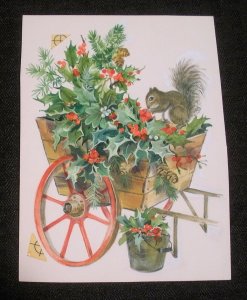 CHRISTMAS Squirrel on Poinsettia Cart 4.5x6.25 Greeting Card Art #62513