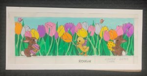 EASTER Bunnies Chick & Flowers Pencil Color Rough 12x5.5 Greeting Card Art 32749