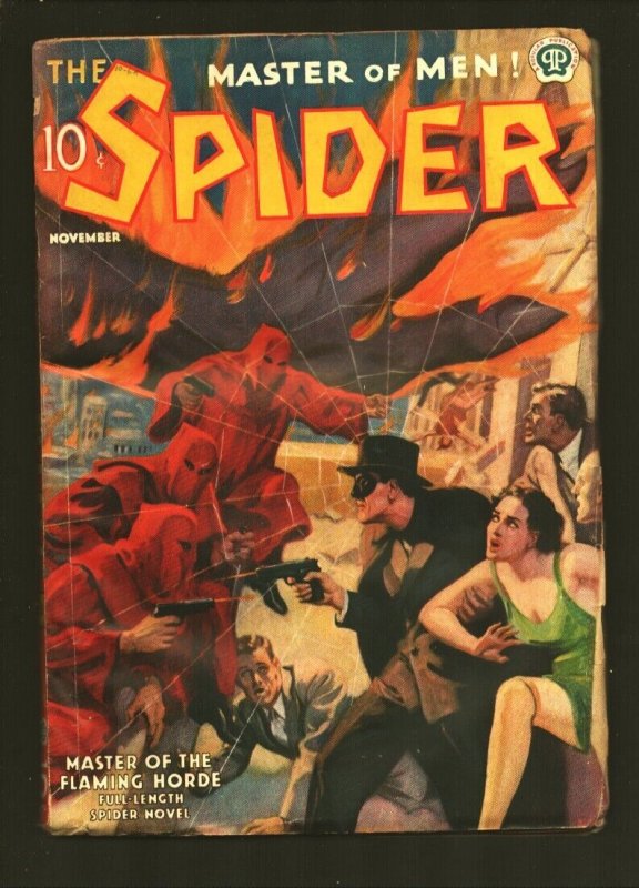 Spider 11/1937-Popular-Master of the Flaming Horde-Spider gunfight with hoo...