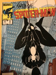 WEB OF SPIDER-MAN #8 : Marvel 11/85 VF- white pages; Black Costume