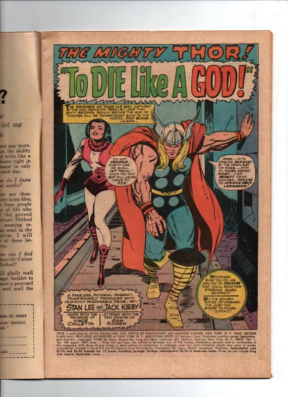 The Mighty Thor #139 - Lady Sif - Ares - Jack Kirby - 1967 - VG/FN