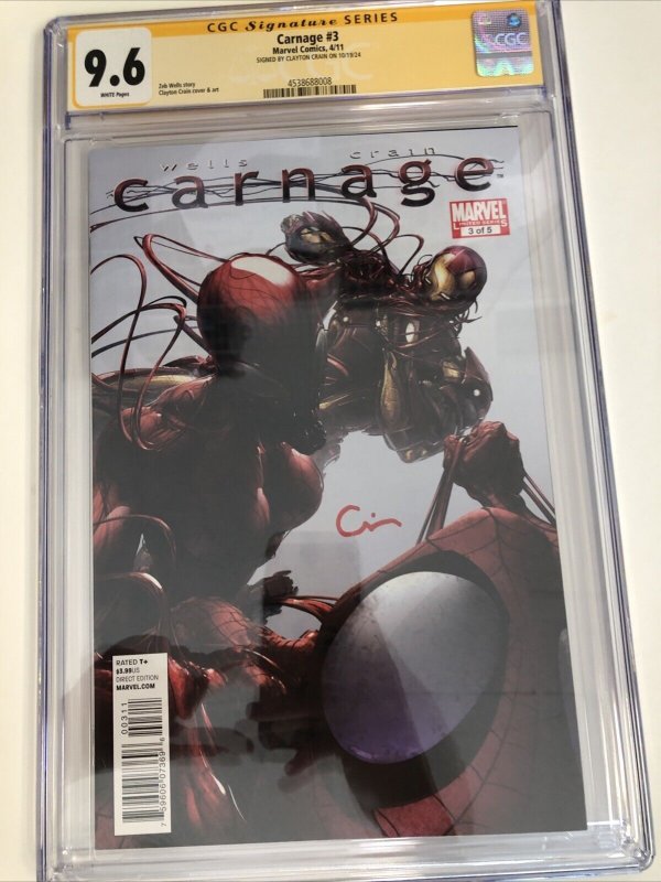 Carnage (2011) # 3 (CGC 9.6 SS) Signed Clayton Crain * Marvel Comics * Zeb Wells