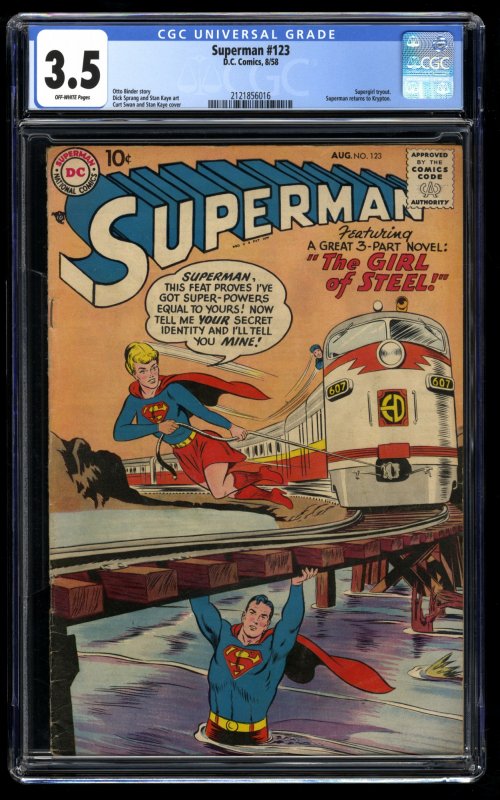 Superman #123 CGC VG- 3.5 Off White 1st Supergirl tryout! Beautiful Copy!