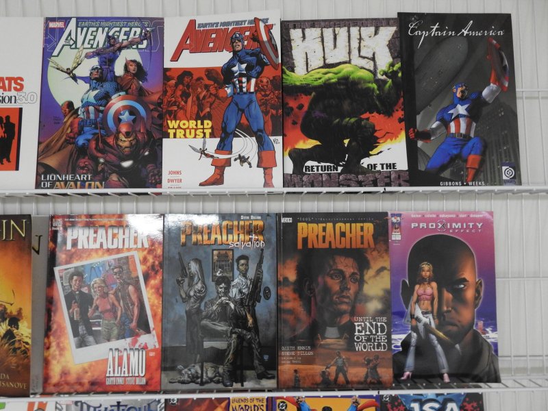 Huge Lot 48 TPB's W/ Avengers, Hulk, Batman, JLA, Spidey+ Avg VF- Condit...